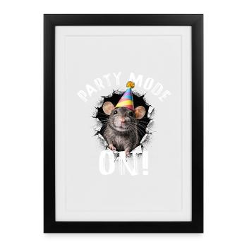 Mode fête : activé ! – Illustration drôle de souris de fête - Affiche encadrée (27 × 37 cm) - noir - Devant