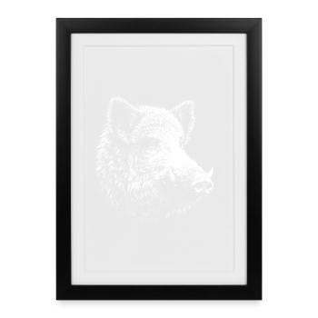 Boar – graphic in white pencil on black background - Framed poster (27 × 37 cm) - black - Front