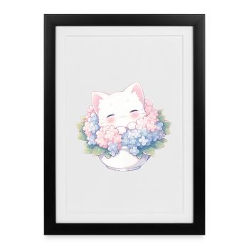 Chat blanc mignon dans les hortensias – Kawaii Design - Affiche encadrée (27 × 37 cm) - noir - Devant