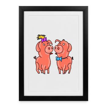 Cute Pig Couple – Love & Romance Cartoon Design - Framed poster (27 × 37 cm) - black - Front