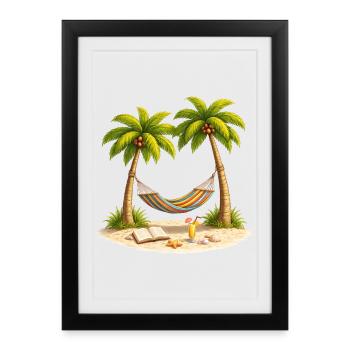 Hamac entre les palmiers sur la plage - Affiche encadrée (27 × 37 cm) - noir - Devant