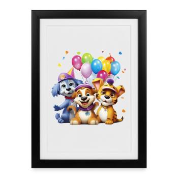 Trio de chiens Balloon Friends - Affiche encadrée (27 × 37 cm) - noir - Devant