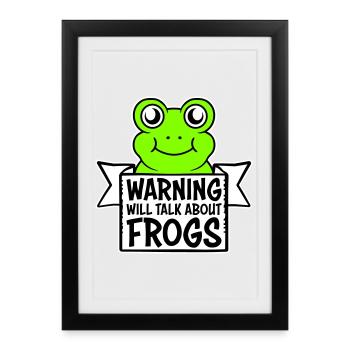 Avertissement : parlera des grenouilles, grenouille, animal drôle. - Affiche encadrée (27 × 37 cm) - noir - Devant