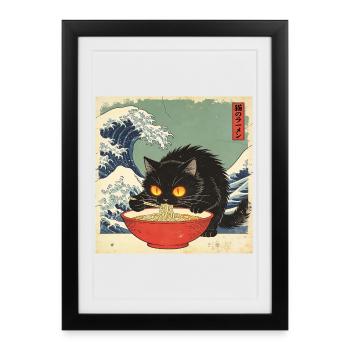 Japan Cat Ramen Noodles Retro Wave Pattern - Framed poster (27 × 37 cm) - black - Front