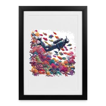 Plongeur sous-marin dans un récif corallien coloré - Affiche encadrée (27 × 37 cm) - noir - Devant