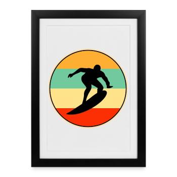 Silhouette vintage surfeuse surfeuse rétro au coucher de soleil - Affiche encadrée (27 × 37 cm) - noir - Devant