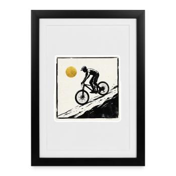 Mountainbiker Holzschnitt Goldene Sonne - Gerahmtes Poster (27 × 37 cm) - Schwarz - Vorne
