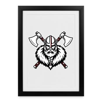 Viking Axemaster Guerrier Haches Croisées Mascotte - Affiche encadrée (27 × 37 cm) - noir - Devant