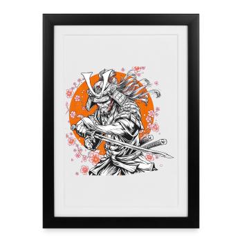 Samurai with Sakura and Orange Circle - Framed poster (27 × 37 cm) - black - Front
