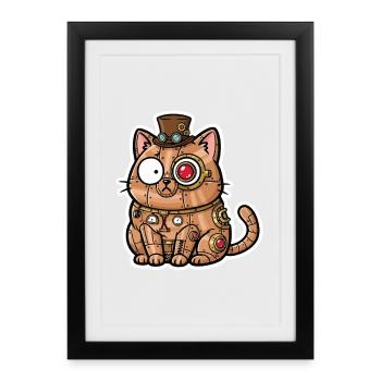 Chat Automate Steampunk Cuivre et Engrenages - Affiche encadrée (27 × 37 cm) - noir - Devant