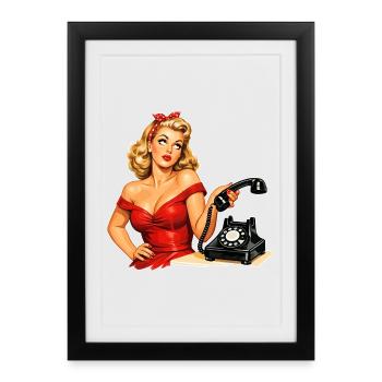 Pin-up agacée : graphique rétro au téléphone - Affiche encadrée (27 × 37 cm) - noir - Devant