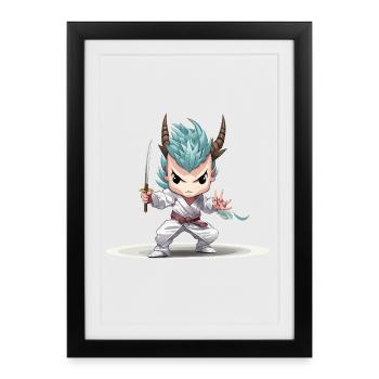 Guerrier Chibi avec Katana - Affiche encadrée (27 × 37 cm) - noir - Devant
