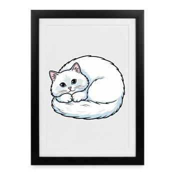 White Angora Cat Blue Eyes Coiled Cute - Framed poster (27 × 37 cm) - black - Front