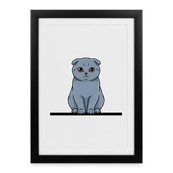 Chat Scottish Fold Gris Yeux Ambrés Portrait - Affiche encadrée (27 × 37 cm) - noir - Devant
