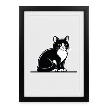 Chat Tuxedo Noir et Blanc Portrait Élégant Assis - Affiche encadrée (27 × 37 cm) - noir - Devant