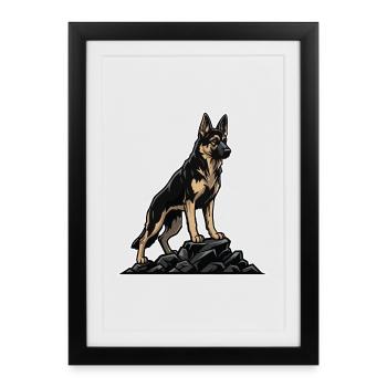 Chien Berger Allemand sur Rocher Portrait Gardien - Affiche encadrée (27 × 37 cm) - noir - Devant