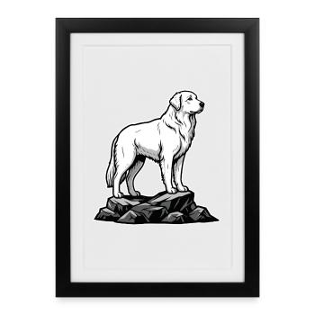 Chien Montagne des Pyrénées Patou sur Rocher - Affiche encadrée (27 × 37 cm) - noir - Devant
