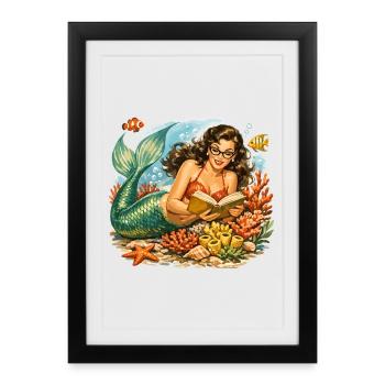 Sirène rétro avec des lunettes en train de lire - Affiche encadrée (27 × 37 cm) - noir - Devant