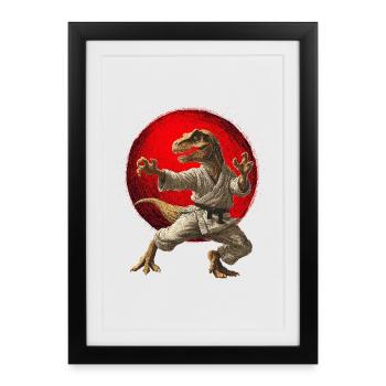Dinosaur T-Rex Karate Judo Drapeau du Japon - Affiche encadrée (27 × 37 cm) - noir - Devant