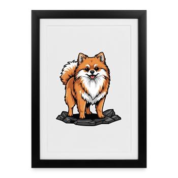 Chien Spitz Nain Pomeranian sur Rocher Mignon - Affiche encadrée (27 × 37 cm) - noir - Devant