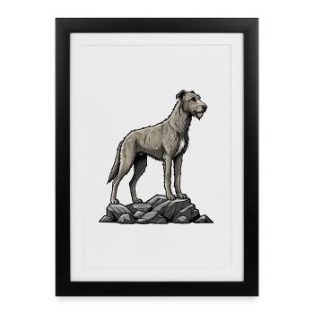 Chien Lévrier Irlandais Irish Wolfhound sur Rocher - Affiche encadrée (27 × 37 cm) - noir - Devant