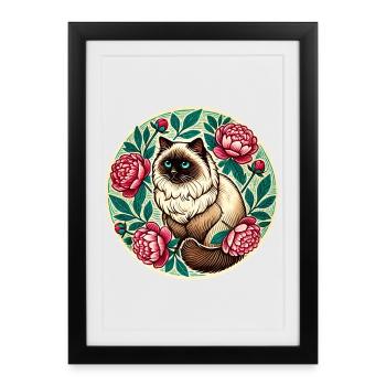 Portrait de chat en cercle floral - Affiche encadrée (27 × 37 cm) - noir - Devant