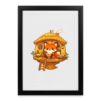 Reading fox in the tree house - Framed poster (27 × 37 cm) - black - Front