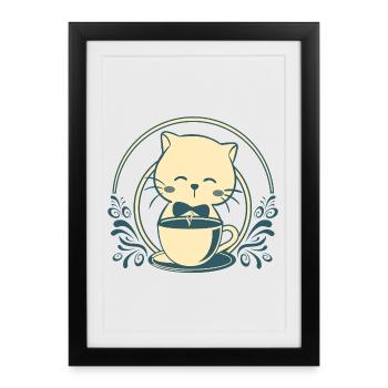 Kawaii Tea Cat – Cute Vintage Tea Cup - Framed poster (27 × 37 cm) - black - Front