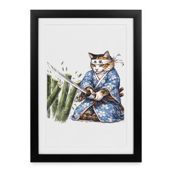 Samurai Cat with Katana – Japanese Ukiyo-e Style - Framed poster (27 × 37 cm) - black - Front