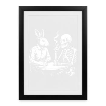 Rabbit and Skeleton drinking beer at the Table - Framed poster (27 × 37 cm) - black - Front