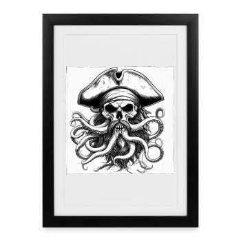 Crâne pirate et pieuvres encre - Affiche encadrée (27 × 37 cm) - noir - Devant