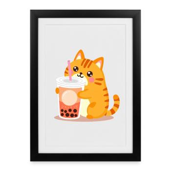 Cute Kawaii Cat with Bubble Tea - Framed poster (27 × 37 cm) - black - Front