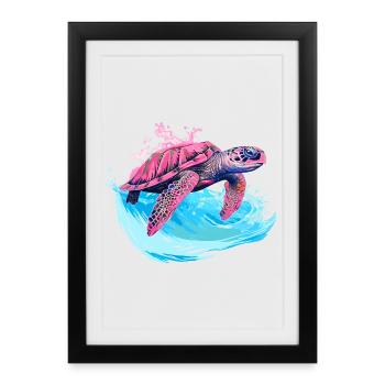 Tortue rose sauvage en vague - Affiche encadrée (27 × 37 cm) - noir - Devant
