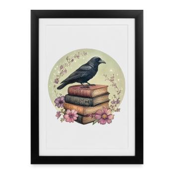 Raven sur une pile de livres - Affiche encadrée (27 × 37 cm) - noir - Devant