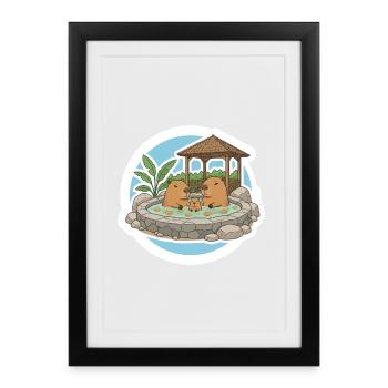 Une jolie famille de capybara dans l’Onsen des sources chaudes - Affiche encadrée (27 × 37 cm) - noir - Devant