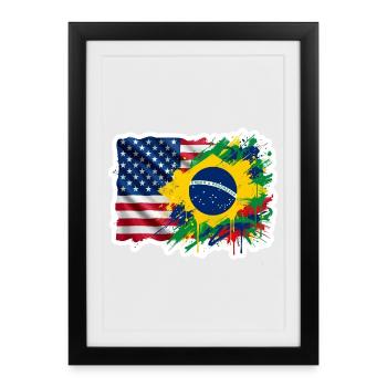 Sticker USA Brésil - Design Drapeau Double Nationa - Affiche encadrée (27 × 37 cm) - noir - Devant