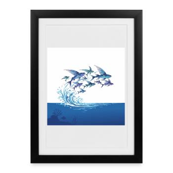 Poissons volants sautent par-dessus les vagues et l’eau de mer - Affiche encadrée (27 × 37 cm) - noir - Devant