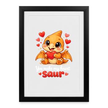 Cute Baby Dino Pterodactyl – Heart Saur Saying - Framed poster (27 × 37 cm) - black - Front