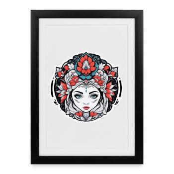 Couronne florale mandala femme - Affiche encadrée (27 × 37 cm) - noir - Devant