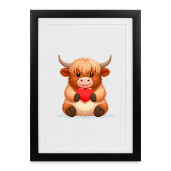 Highland cow with heart in fluff - Framed poster (27 × 37 cm) - black - Front