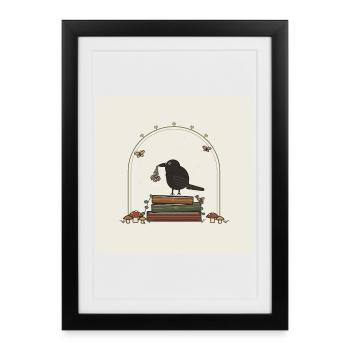 Corbeau sur des livres avec des fleurs - Affiche encadrée (27 × 37 cm) - noir - Devant