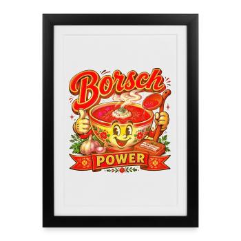 Borsch Power — Art de soupe de mascotte de dessins animés rétro - Affiche encadrée (27 × 37 cm) - noir - Devant