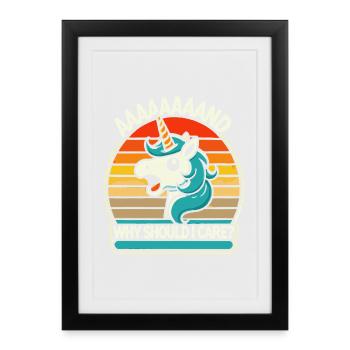 Mème de coucher de soleil rétro de licorne Je m’en fiche - Affiche encadrée (27 × 37 cm) - noir - Devant
