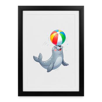 Seal playing with a colourful ball - Framed poster (27 × 37 cm) - black - Front