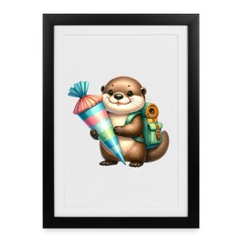 Loutre de Kawaii avec sacoche et cône d’école – École - Affiche encadrée (27 × 37 cm) - noir - Devant