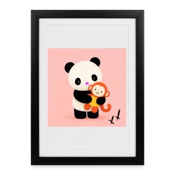 Peluche panda doux avec un ami singe - Affiche encadrée (27 × 37 cm) - noir - Devant