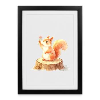 Cute squirrel with flower in spring forest - Framed poster (27 × 37 cm) - black - Front