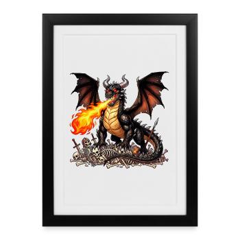 Dragon noir debout sur les squelettes de casse-cou - Affiche encadrée (27 × 37 cm) - noir - Devant
