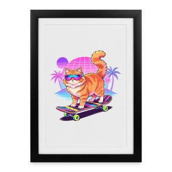 Retro Synthwave Cat Skateboard - Framed poster (27 × 37 cm) - black - Front