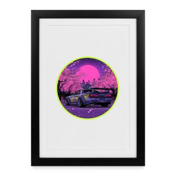 Art rétro des années 90 JDM Drift Car Sakura Synthwave - Affiche encadrée (27 × 37 cm) - noir - Devant